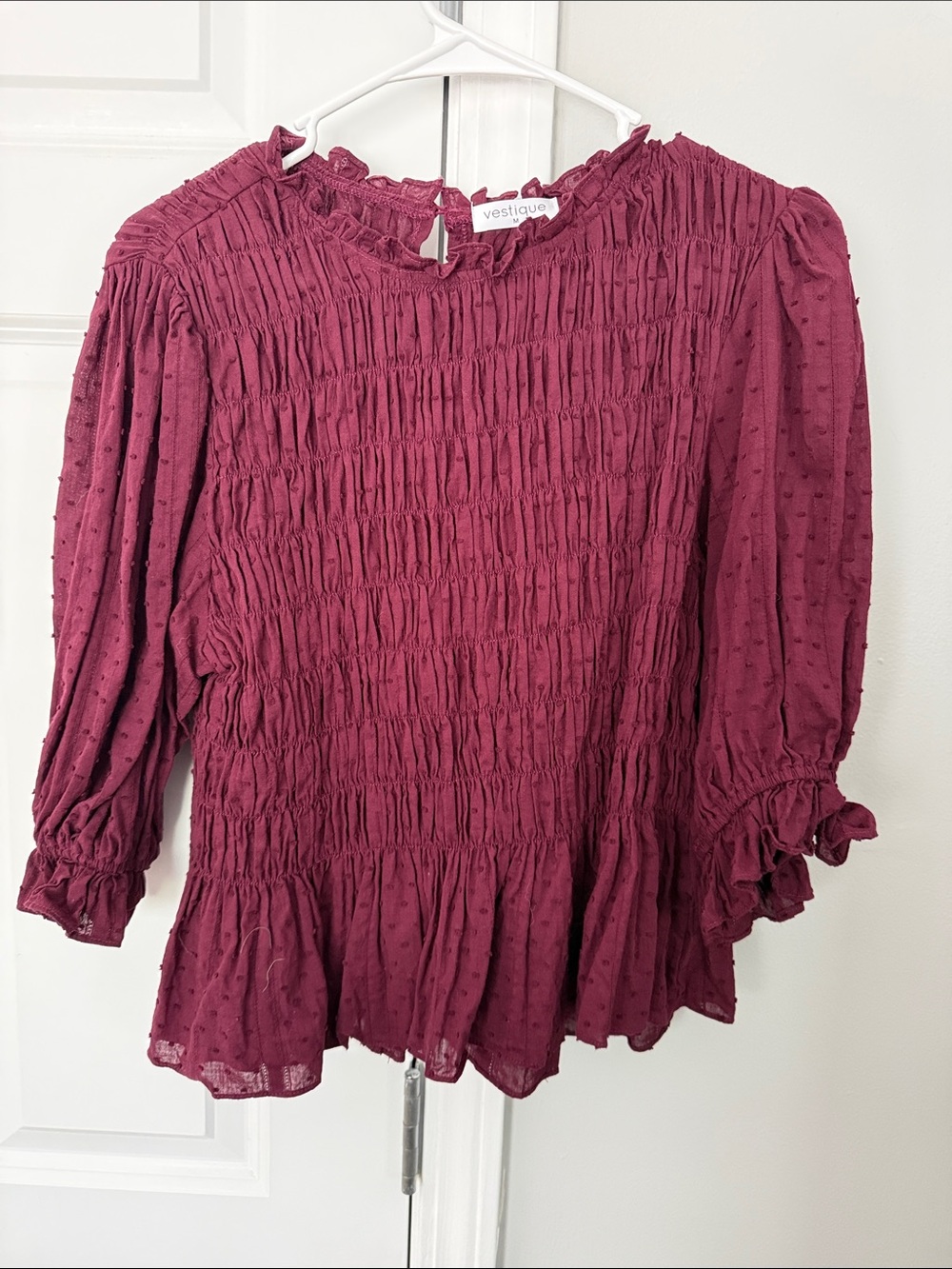 vestique Wine Smocked Ruffle Peplum Blouse